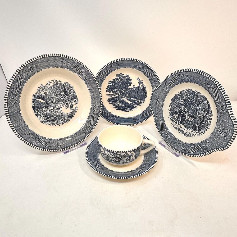 Vintage Royal China Currier and Ives Blue Transferware 5 Piece Dinnerware Set